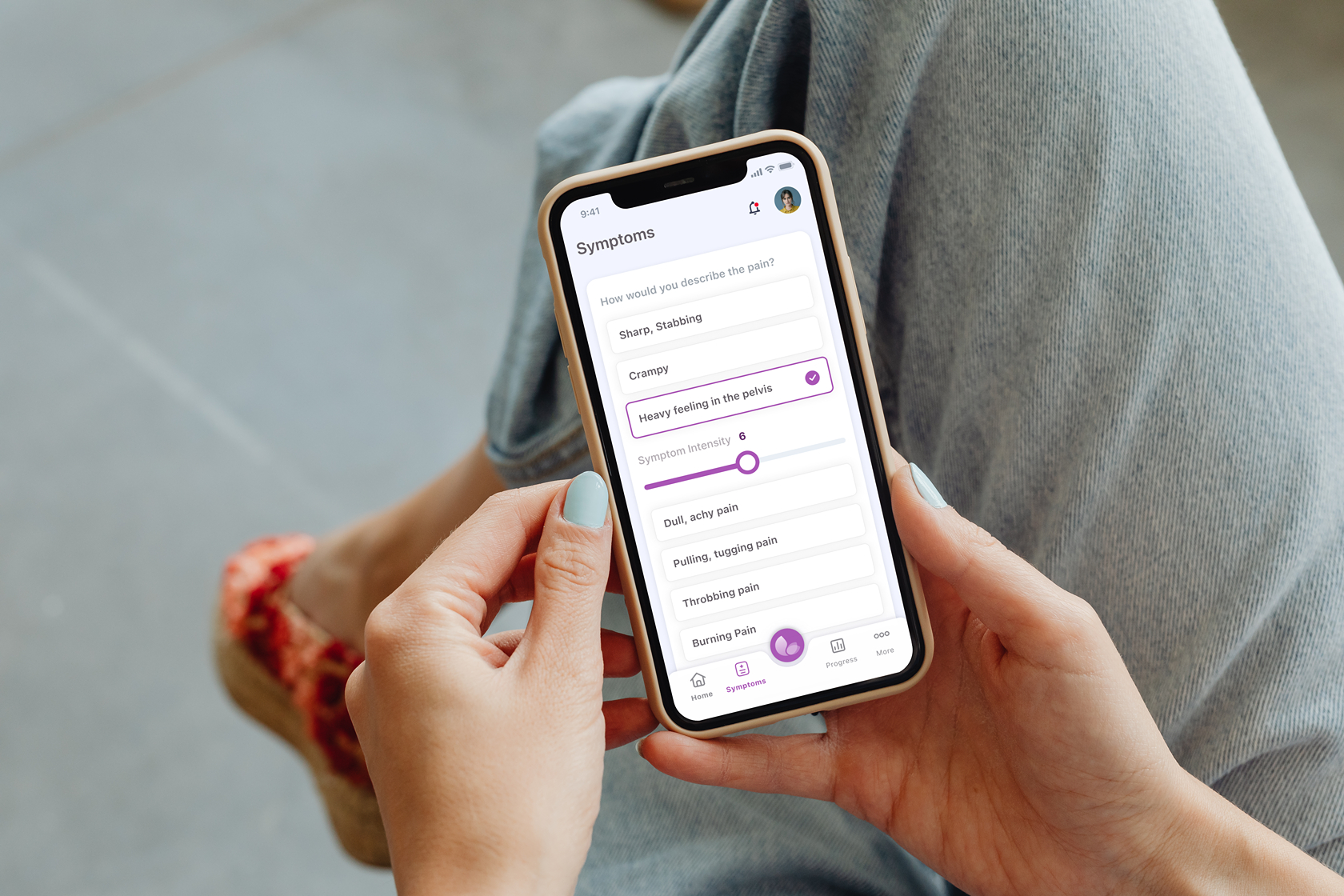 iPhone app interface showing secure data logging and symptom tracking features